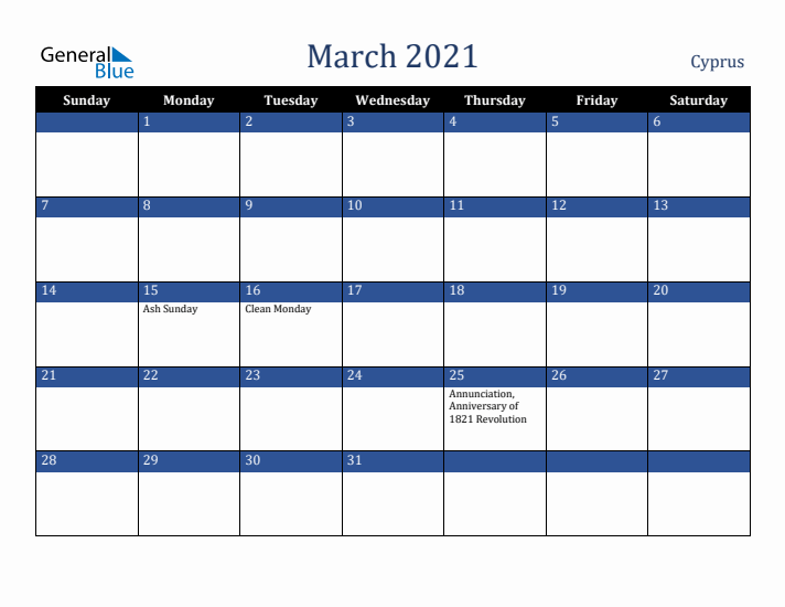 March 2021 Cyprus Calendar (Sunday Start)