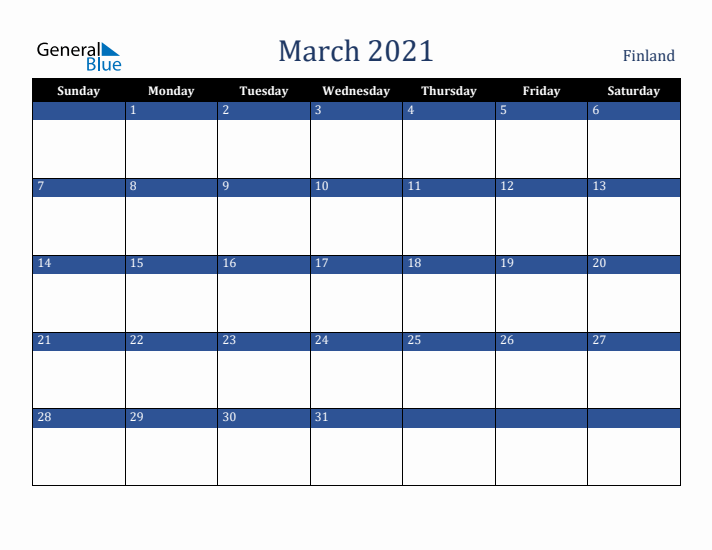 March 2021 Finland Calendar (Sunday Start)