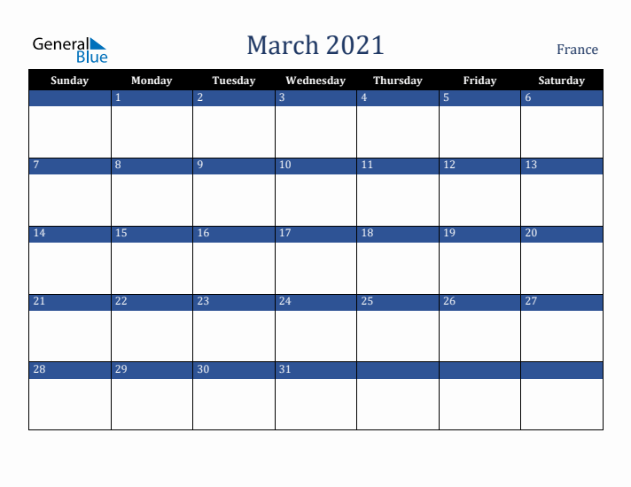March 2021 France Calendar (Sunday Start)