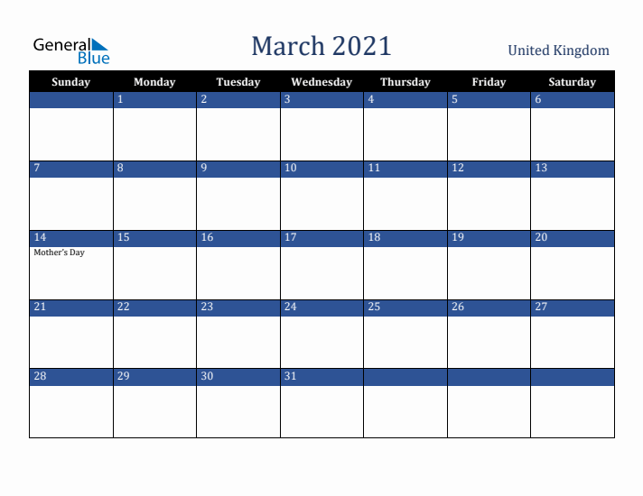 March 2021 United Kingdom Calendar (Sunday Start)