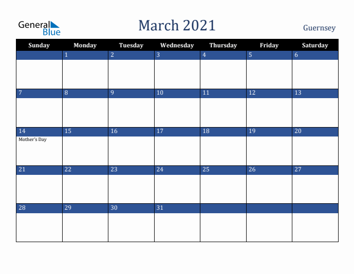 March 2021 Guernsey Calendar (Sunday Start)