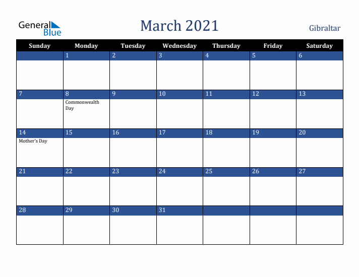 March 2021 Gibraltar Calendar (Sunday Start)