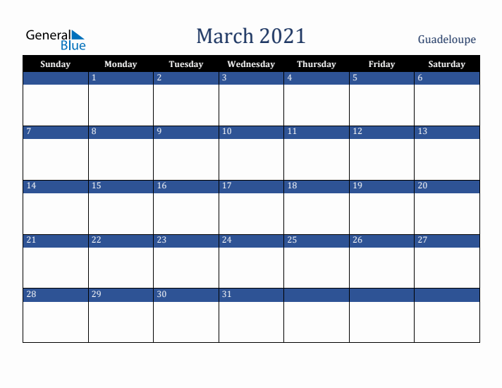 March 2021 Guadeloupe Calendar (Sunday Start)