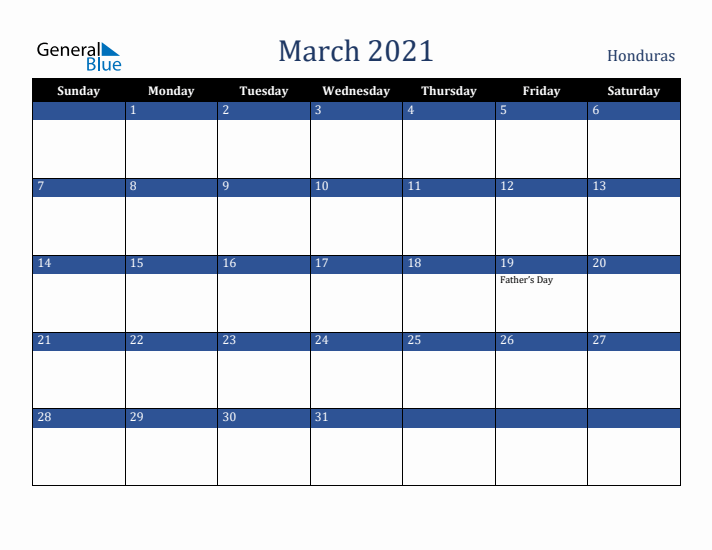March 2021 Honduras Calendar (Sunday Start)