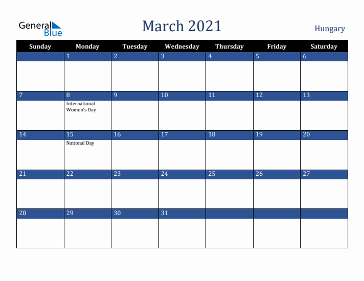 March 2021 Hungary Calendar (Sunday Start)