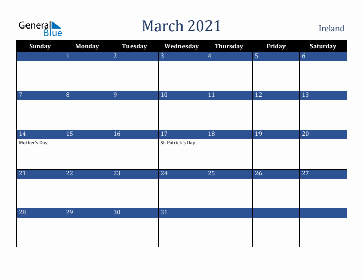 March 2021 Ireland Calendar (Sunday Start)