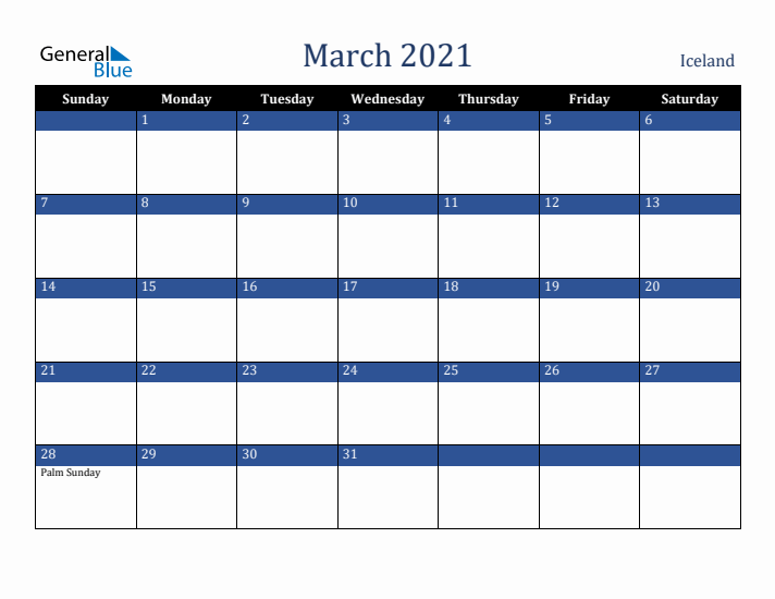 March 2021 Iceland Calendar (Sunday Start)