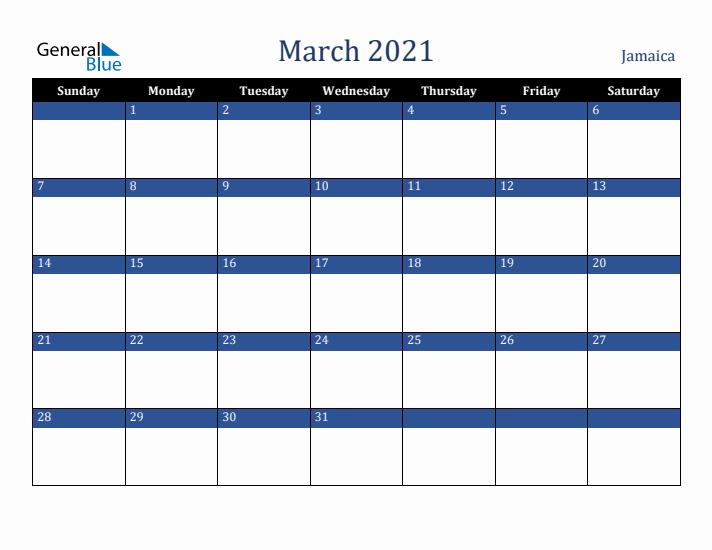 March 2021 Jamaica Calendar (Sunday Start)