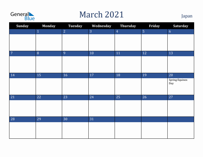 March 2021 Japan Calendar (Sunday Start)