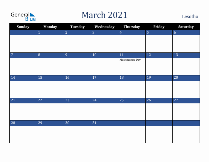 March 2021 Lesotho Calendar (Sunday Start)