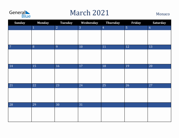 March 2021 Monaco Calendar (Sunday Start)