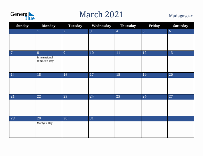 March 2021 Madagascar Calendar (Sunday Start)