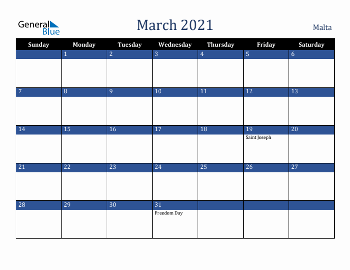 March 2021 Malta Calendar (Sunday Start)