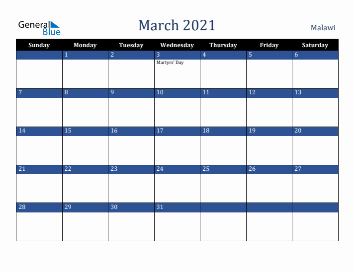 March 2021 Malawi Calendar (Sunday Start)