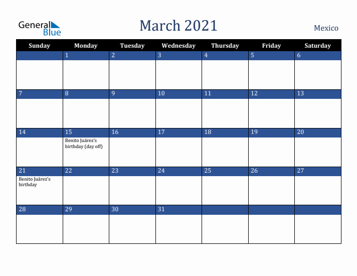 March 2021 Mexico Calendar (Sunday Start)