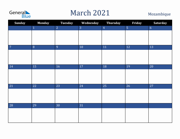 March 2021 Mozambique Calendar (Sunday Start)