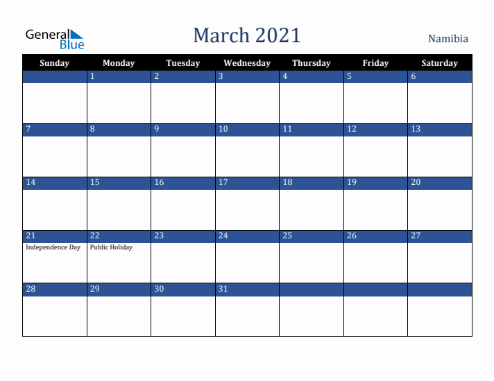 March 2021 Namibia Calendar (Sunday Start)