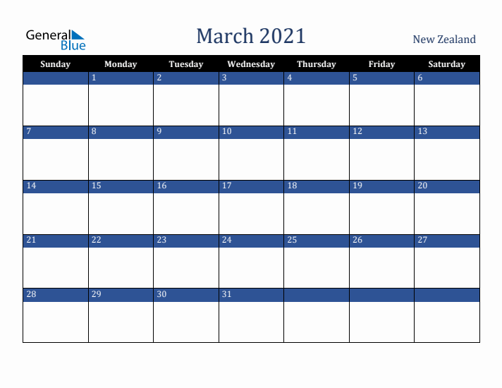 March 2021 New Zealand Calendar (Sunday Start)