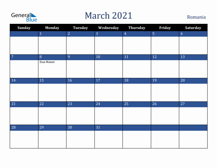 March 2021 Romania Calendar (Sunday Start)