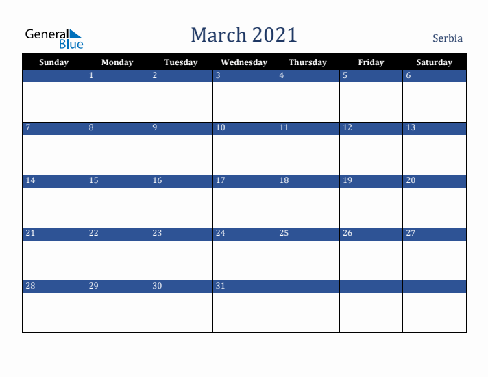 March 2021 Serbia Calendar (Sunday Start)