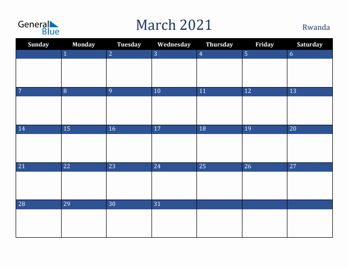 March 2021 Rwanda Calendar (Sunday Start)