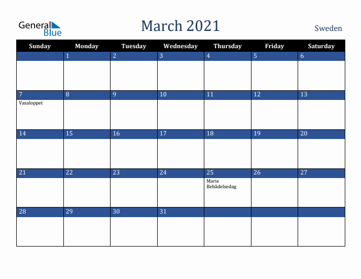 March 2021 Sweden Calendar (Sunday Start)