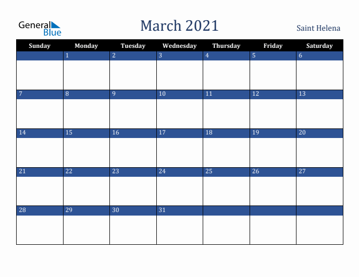 March 2021 Saint Helena Calendar (Sunday Start)