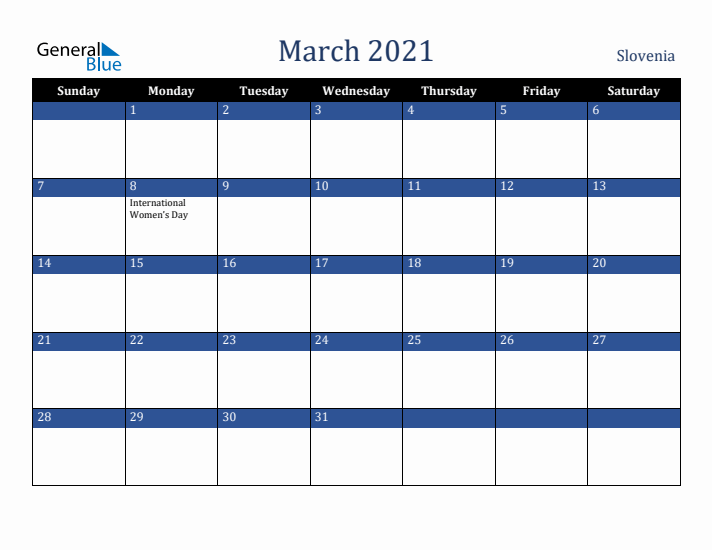 March 2021 Slovenia Calendar (Sunday Start)