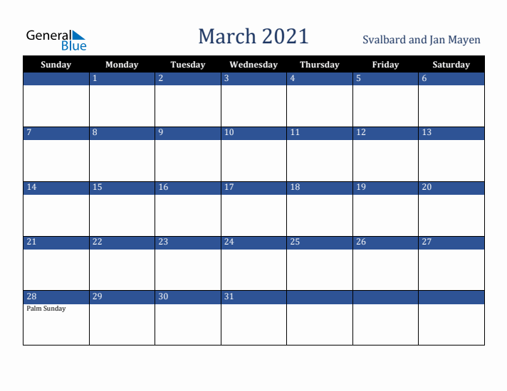 March 2021 Svalbard and Jan Mayen Calendar (Sunday Start)