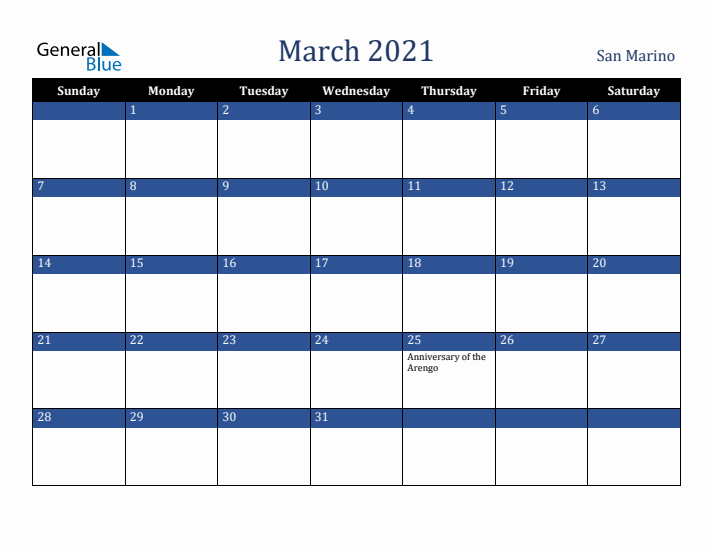 March 2021 San Marino Calendar (Sunday Start)