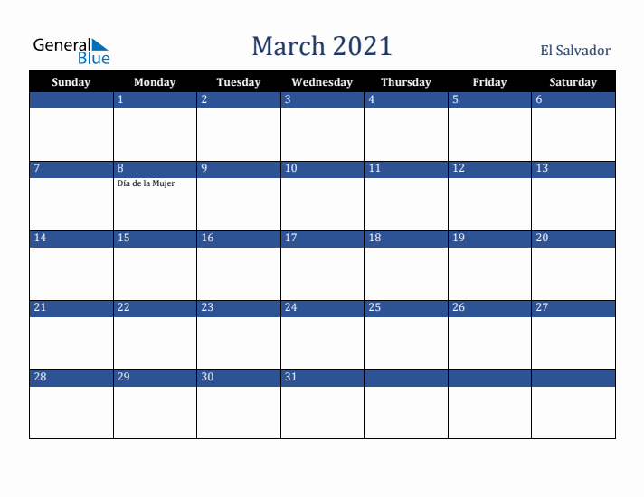 March 2021 El Salvador Calendar (Sunday Start)
