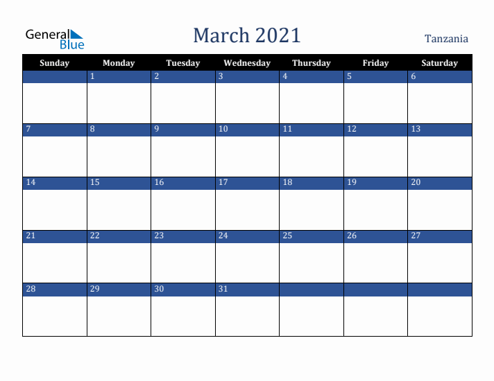 March 2021 Tanzania Calendar (Sunday Start)