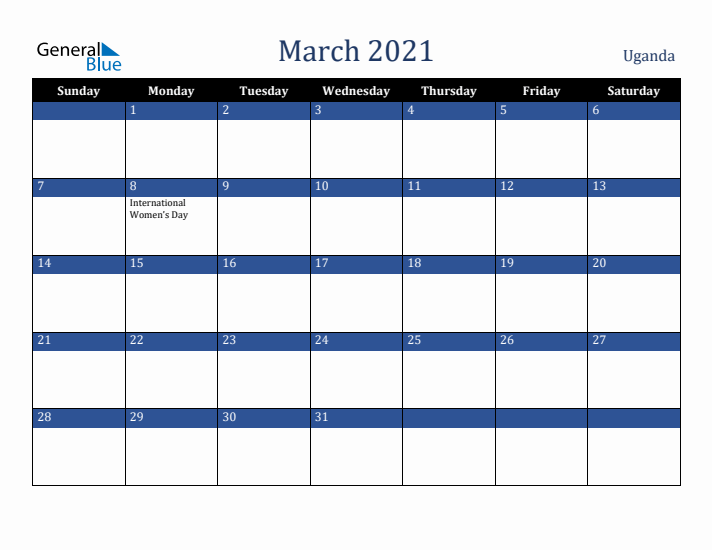 March 2021 Uganda Calendar (Sunday Start)