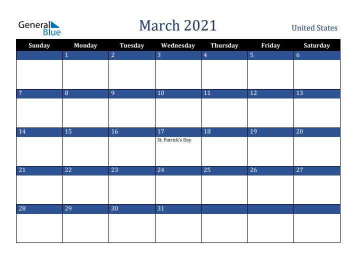 March 2021 United States Calendar (Sunday Start)