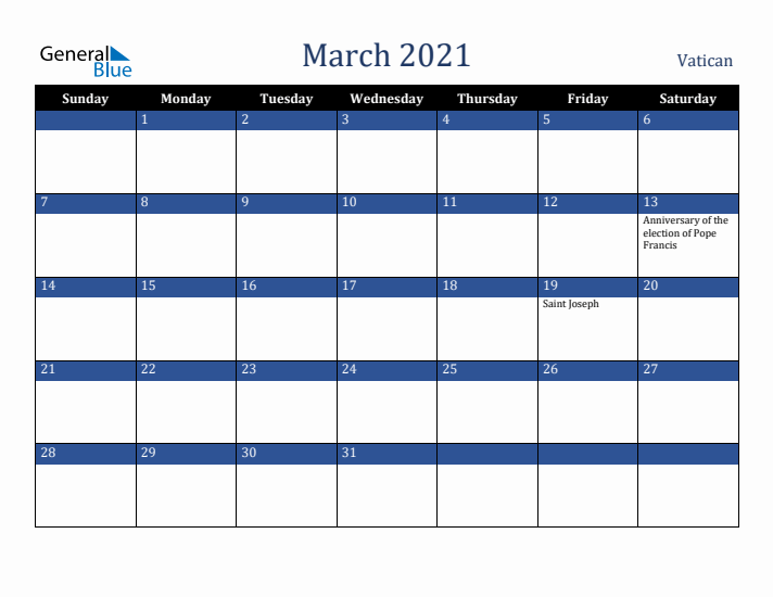 March 2021 Vatican Calendar (Sunday Start)