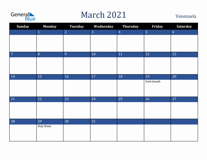 March 2021 Venezuela Calendar (Sunday Start)
