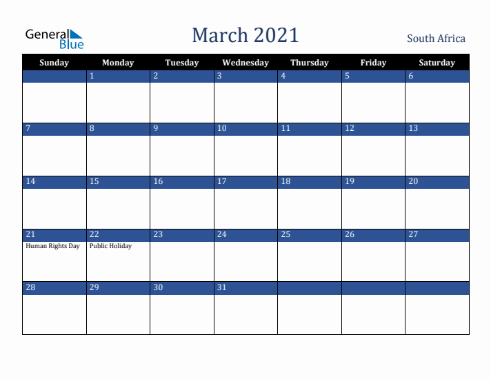 March 2021 South Africa Calendar (Sunday Start)