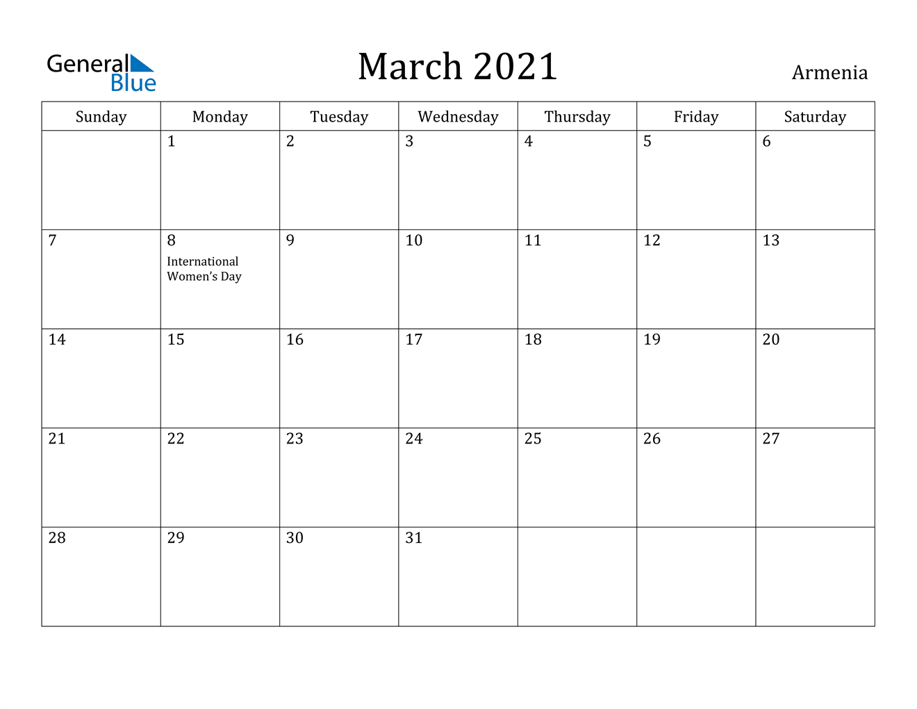 march calendar 2021 with holidays March 2021 Calendar Armenia march calendar 2021 with holidays