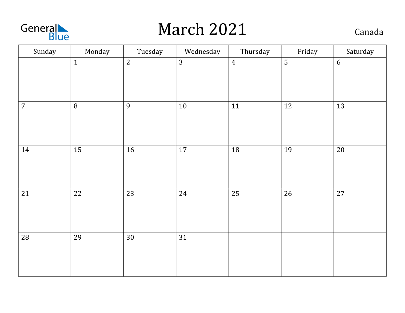 March 2021 Calendar - Canada