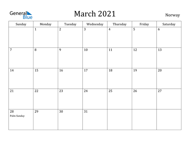 March 2021 Calendar Norway