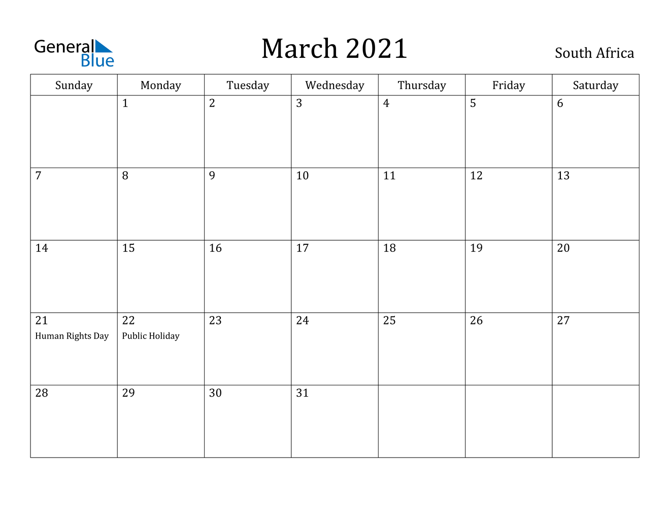 march 2021 calendar with holidays printable March 2021 Calendar South Africa march 2021 calendar with holidays printable