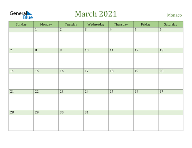 March 2021 Calendar with Monaco Holidays