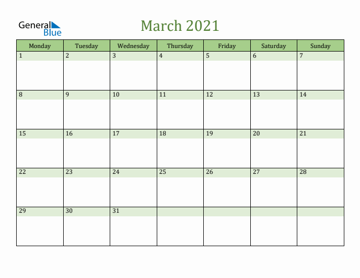 March 2021 Calendar with Monday Start