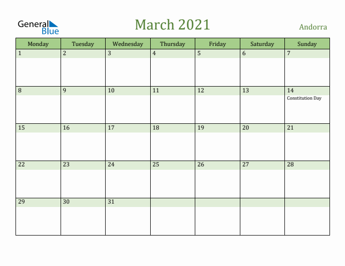 March 2021 Calendar with Andorra Holidays