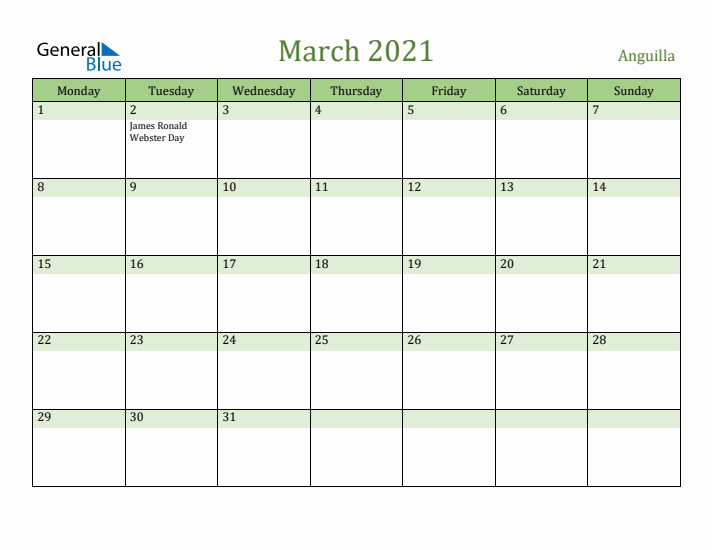 March 2021 Calendar with Anguilla Holidays