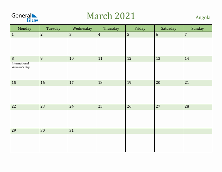 March 2021 Calendar with Angola Holidays