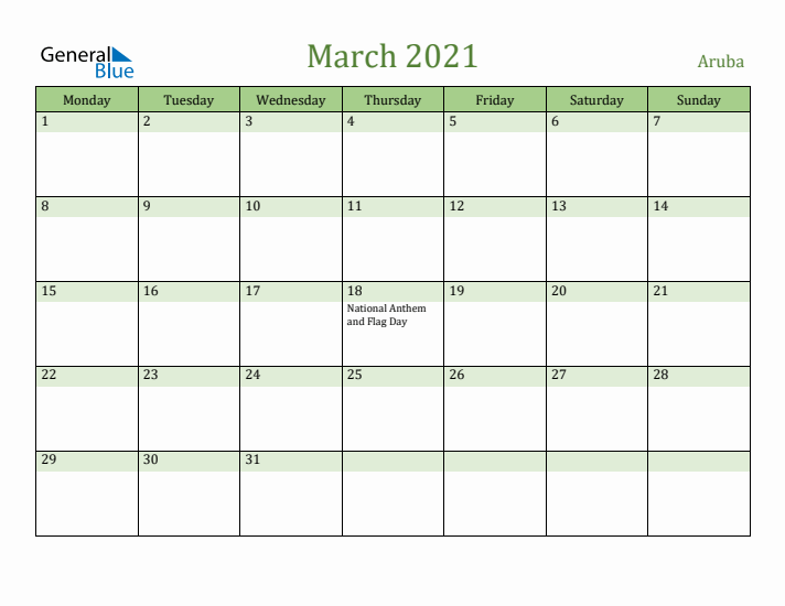 March 2021 Calendar with Aruba Holidays