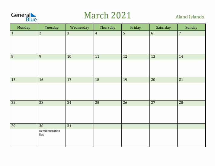 March 2021 Calendar with Aland Islands Holidays