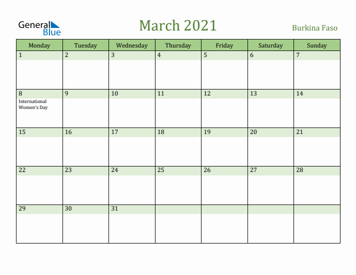March 2021 Calendar with Burkina Faso Holidays