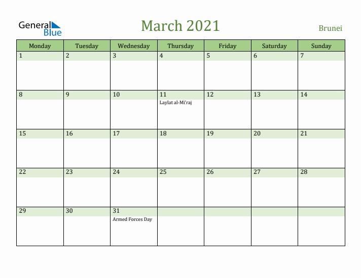 March 2021 Calendar with Brunei Holidays